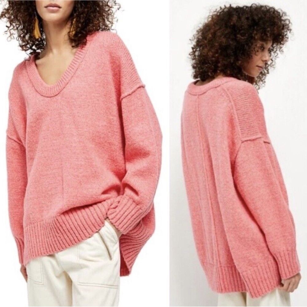 Free People Brookside Oversized Tunic Sweater Sz Large | Pink Lightning